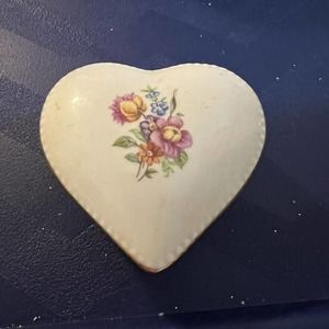 Vintage 1877 GDR Floral Heart Shaped Porcelain Jewelry/Trinket Box - Gold trim